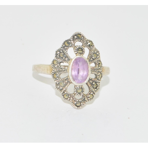 622 - 925 silver vintage Amethyst and Marcasite diamond shape ring size M