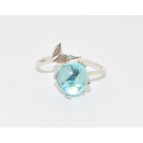 627 - 925 silver ladies fish tail solid Aquamarine colour solitaire stone size M