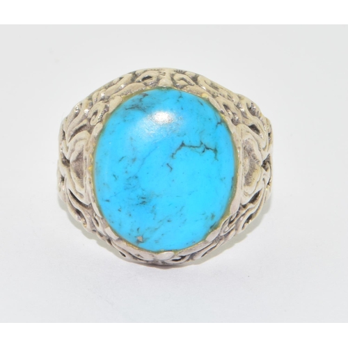 628 - 925 silver large scroll work Turquoise single stone ring size P