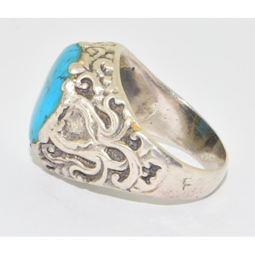 628 - 925 silver large scroll work Turquoise single stone ring size P