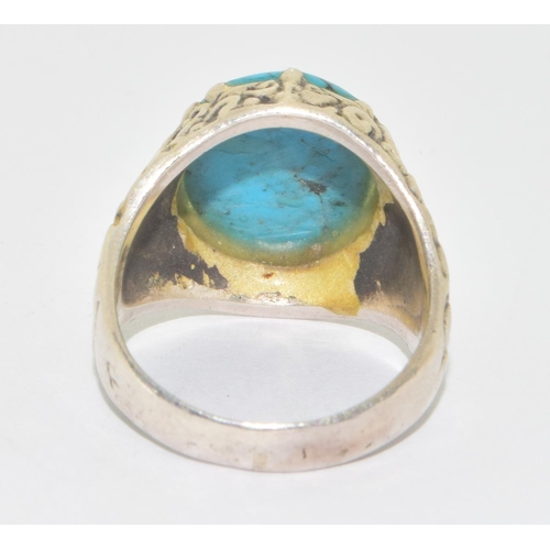 628 - 925 silver large scroll work Turquoise single stone ring size P