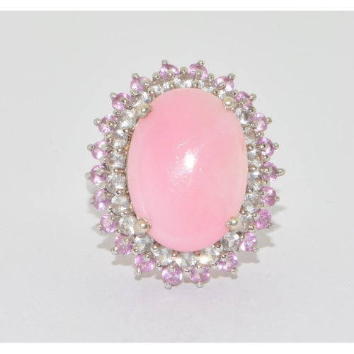 638 - 925 silver large cocktail or statement ring with pink quarts centre stone surrounded by pink tourmal... 