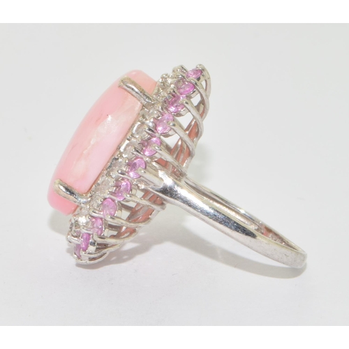 638 - 925 silver large cocktail or statement ring with pink quarts centre stone surrounded by pink tourmal... 