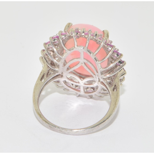 638 - 925 silver large cocktail or statement ring with pink quarts centre stone surrounded by pink tourmal... 