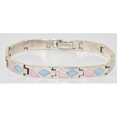 645 - 925 silver solid state bracelet with Mother of Pearl coloured decoration 19cm long 21g