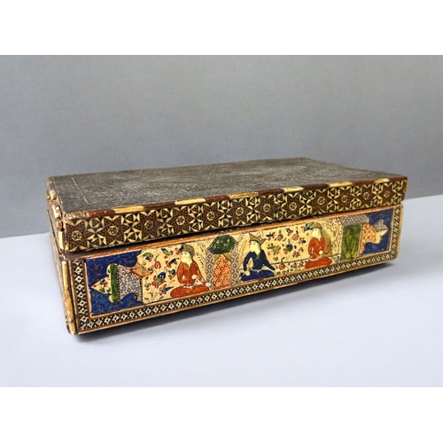 50 - An Indo Persian painted & inlaid box.Painted interior court scene with detailed Khatam design.... 