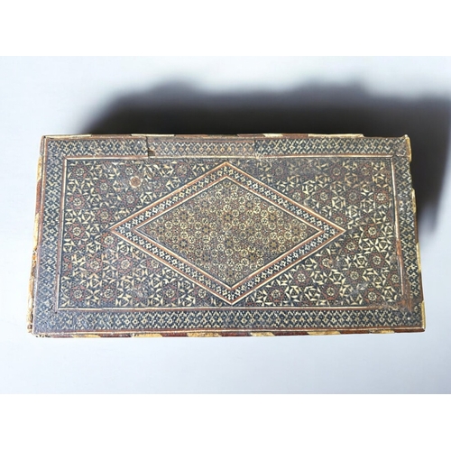 50 - An Indo Persian painted & inlaid box.Painted interior court scene with detailed Khatam design.... 