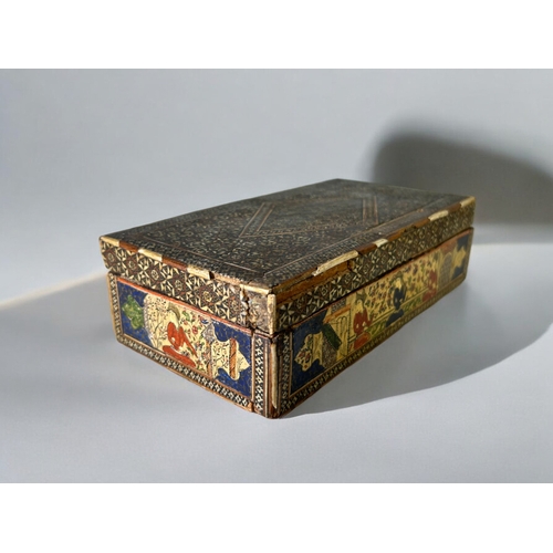 50 - An Indo Persian painted & inlaid box.Painted interior court scene with detailed Khatam design.... 