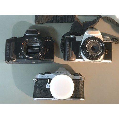 171 - Pentax 35mm Cameras x 3 - 1. MZ 10 Black Case2. MZ 10 Black and Silver Case with SMC Pentax-M 1:2:8 ... 