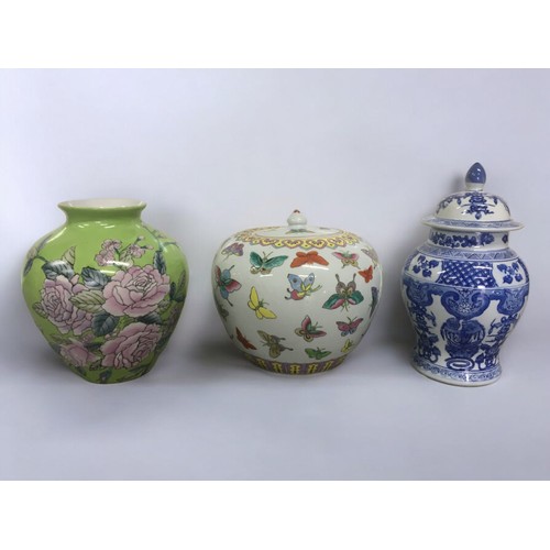 91 - Chinese Mid Century Vases x 3, Lidded Butterfly and Moth Decorated vase, Lidded Blue and White Templ... 