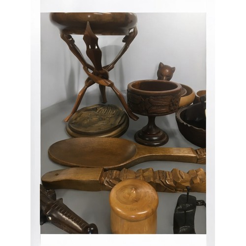 103 - Large Ensemble of Carved Wooden Items, some African, Some European. Animals, Bowls Pair of Cannon Bo... 