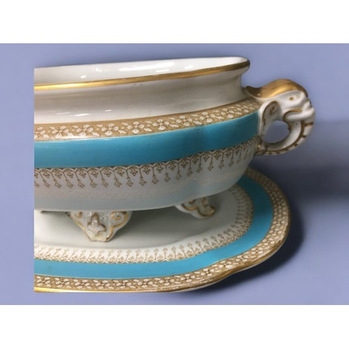 107 - 1886 Royal Worcester Elephant Handled Pair of Serving Dishes with Plate Stands, Turquiose and Gold D... 