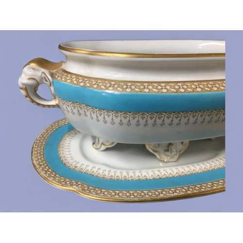 107 - 1886 Royal Worcester Elephant Handled Pair of Serving Dishes with Plate Stands, Turquiose and Gold D... 