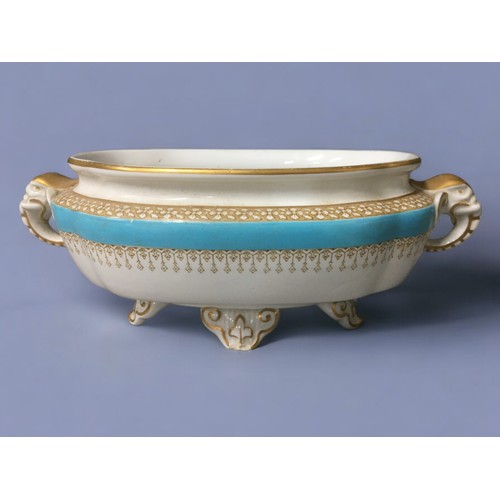 107 - 1886 Royal Worcester Elephant Handled Pair of Serving Dishes with Plate Stands, Turquiose and Gold D... 