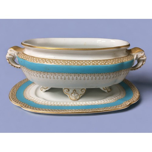 107 - 1886 Royal Worcester Elephant Handled Pair of Serving Dishes with Plate Stands, Turquiose and Gold D... 