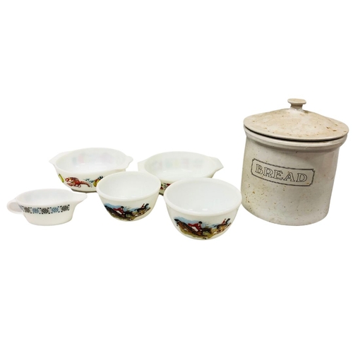 405 - Hunting pattern ovenware and stoneware bread bin.