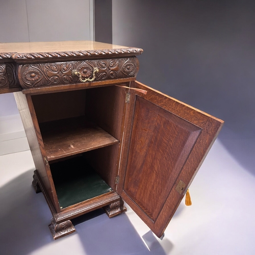 111 - Victorian Druce & Co Oak buffet sideboard.Twin pedestal design, heavily carved scrolling design.... 