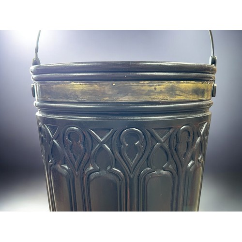 120 - A large pair of Irish brass bound Peat Buckets.brass bound astragal with carved Gothic design.Swing ... 