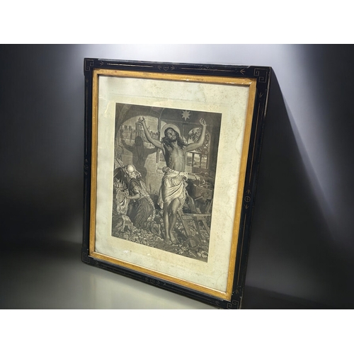 459 - A large Christopher Dresser ebonised & gilded picture frame.Mounted with William Holman Hunt (18... 