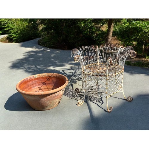 162 - Vintage French Wrought Iron and Wire Work Plant stand with associated Terracotta Bowl.