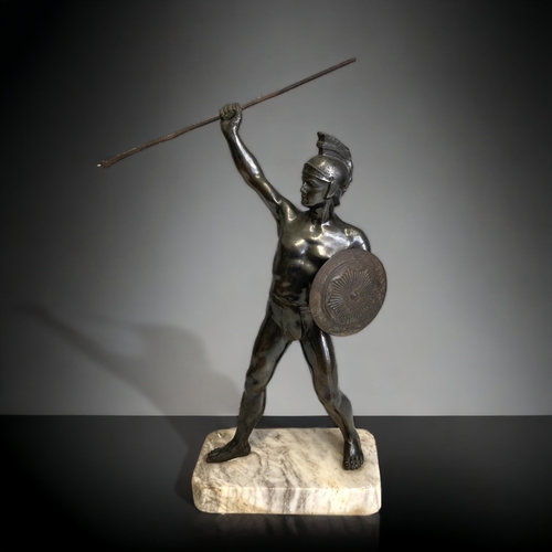 444 - SPELTER 'GREEK WARRIOR' FIGURE. FRENCH, C1930. MOUNTED ON MARBLE BASE. HEIGHT - 30CM