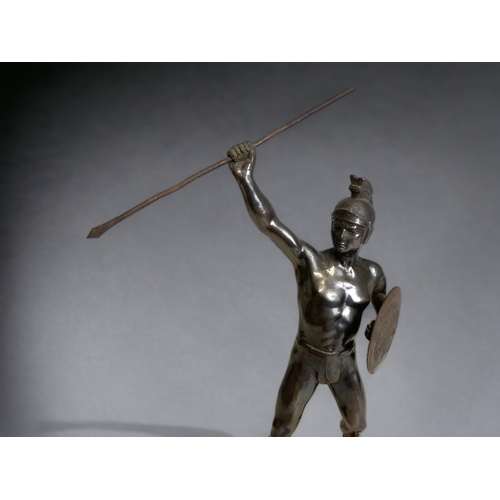 444 - SPELTER 'GREEK WARRIOR' FIGURE. FRENCH, C1930. MOUNTED ON MARBLE BASE. HEIGHT - 30CM