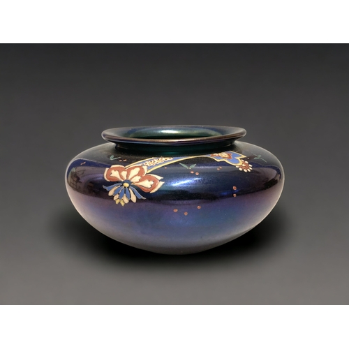 460 - A CHRISTOPHER DRESSER DESIGN PAINTED BRONZE GLASS IRIDESCENT BOWL, BY THOMAS WEBB. 10 X 18CM