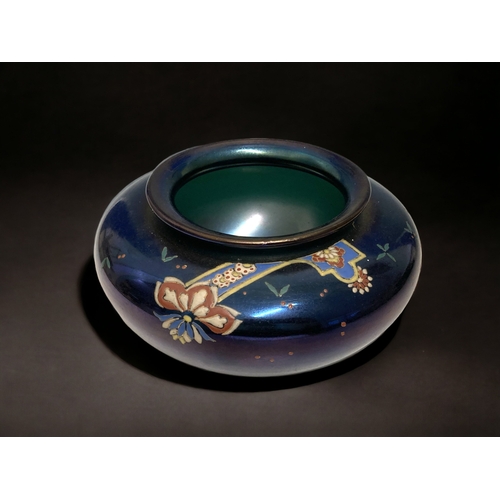 460 - A CHRISTOPHER DRESSER DESIGN PAINTED BRONZE GLASS IRIDESCENT BOWL, BY THOMAS WEBB. 10 X 18CM