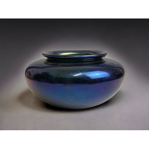 460 - A CHRISTOPHER DRESSER DESIGN PAINTED BRONZE GLASS IRIDESCENT BOWL, BY THOMAS WEBB. 10 X 18CM