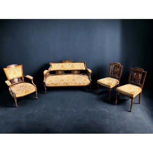 125 - Edwardian inlaid Parlour salon suite.. Including salon sofa, armchair and two chairs. All with crest... 