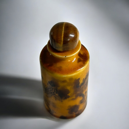 58 - Unusual Chinese porcelain snuff bottle of cylindrical form decorated in underglaze brown with a drag... 