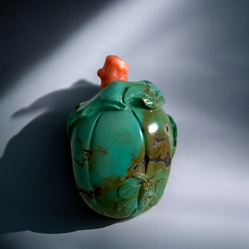 62 - Chinese Turquoise snuff bottle.  Qing dynasty.Turquoise carved in the form of a peach. Coral Stopper... 