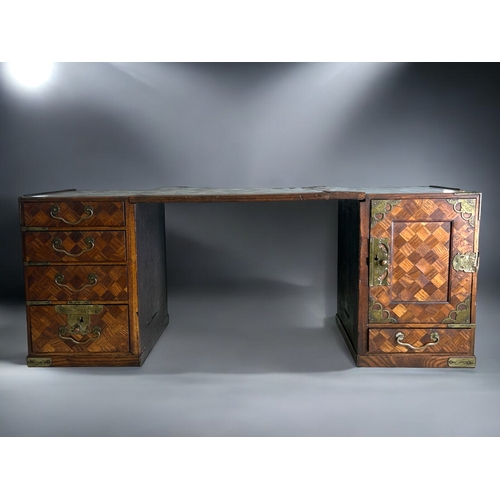 87 - A Japanese Tansu traveling scholar's desk.Meiji period, 19th century.Parquetry design, with twin ped... 