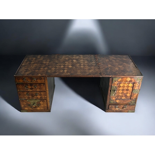 87 - A Japanese Tansu traveling scholar's desk.Meiji period, 19th century.Parquetry design, with twin ped... 