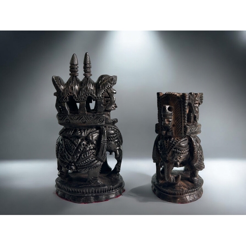 560 - A vintage cased Indian carved wood Ambari Elephant chess set.Ebony & Kadam.