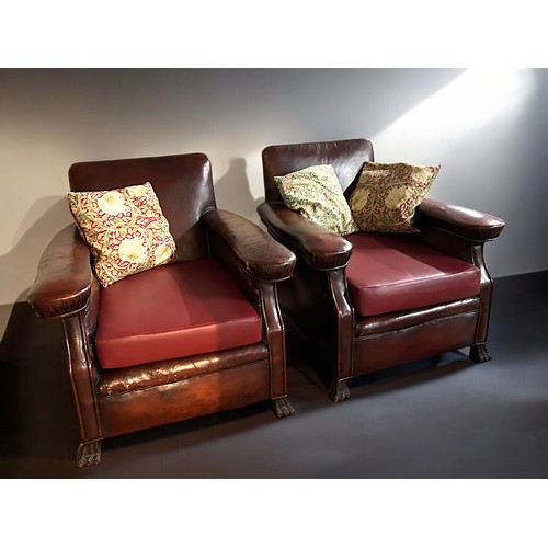 136 - Pair of Colonial Deep Ox Blood Leather Edwardian Club Chairs. New Italian Red Leather Seats with 3 x... 