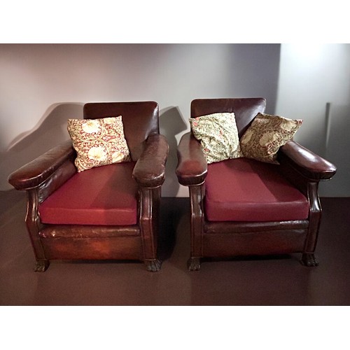 136 - Pair of Colonial Deep Ox Blood Leather Edwardian Club Chairs. New Italian Red Leather Seats with 3 x... 