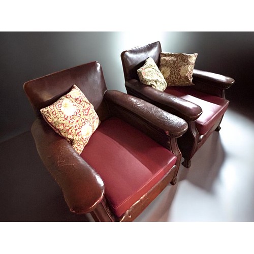 136 - Pair of Colonial Deep Ox Blood Leather Edwardian Club Chairs. New Italian Red Leather Seats with 3 x... 