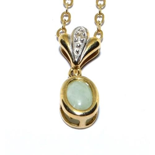 538 - 9ct gold Diamond and Jade pendant necklace with chain length 42cm