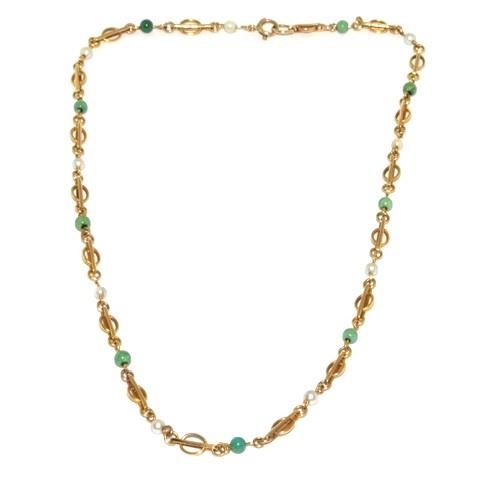 548 - 9ct Gold Vintage Pearl & Turquoise Bead Set Station Necklace. 7g