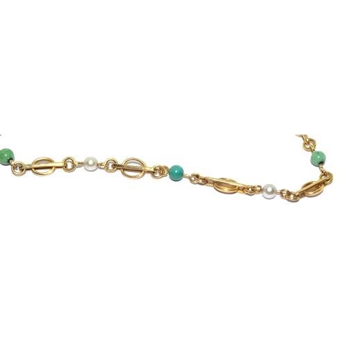 548 - 9ct Gold Vintage Pearl & Turquoise Bead Set Station Necklace. 7g