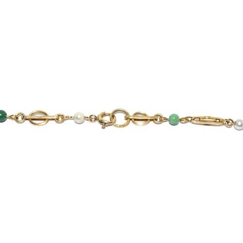 548 - 9ct Gold Vintage Pearl & Turquoise Bead Set Station Necklace. 7g