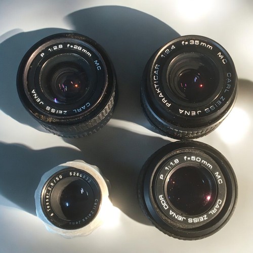 208 - Carl Zeiss Jena Lenses x 4 -1. Jena DDR P 1:1.8 f=50mm MC2. Jena P 1:2.8 f=28mm MC3. Jena Prakticar ... 