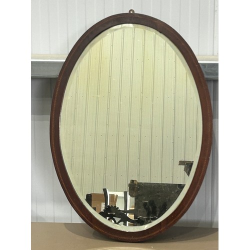 56 - A Large Edwardian Bevelled Oval Mirror With Inlaid Marquetry Design - cm