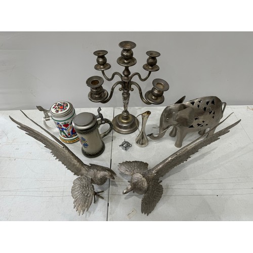 61 - Mixed Metalware and Steins, to include a Pair of Silver on Brass Pheasants!