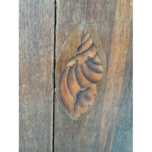 87 - Nice 19thC Oak corner cupboard with inlaid central marquetry shell motif and 1/4 fan inlays to each ... 