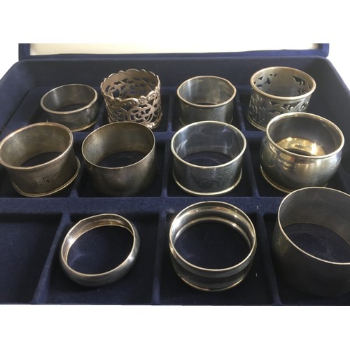 528 - Solid Silver Hallmarked Napkin Rings x 11! Varying Designs and Periods and a Boxed Silver Hallmarked... 