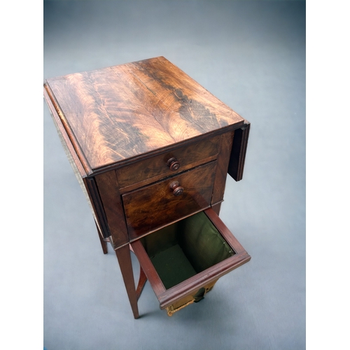 155 - A Regency period Walnut drop leaf work table.Single drawer and drop-front cupboard.