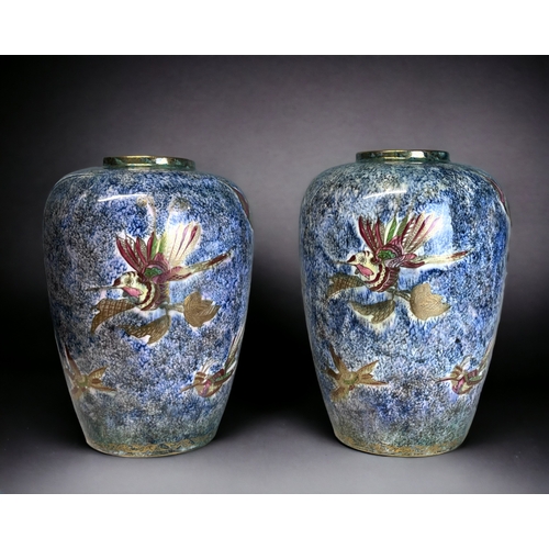 431 - A PAIR OF DAISY-MAKEIG JONES FOR WEDGWOOD LUSTRE 'HUMMINGBIRD' VASES. Circa 1930. Malfry shape with ... 