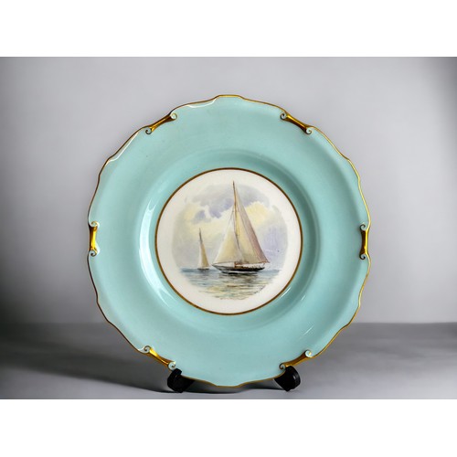 433 - A set of six Royal Crown Derby cabinet plates.By W.E.J. Dean.Each depicting a hand painted sail boat... 